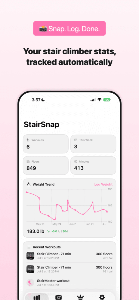 StairSnap home screen with workout stats and weight trend chart